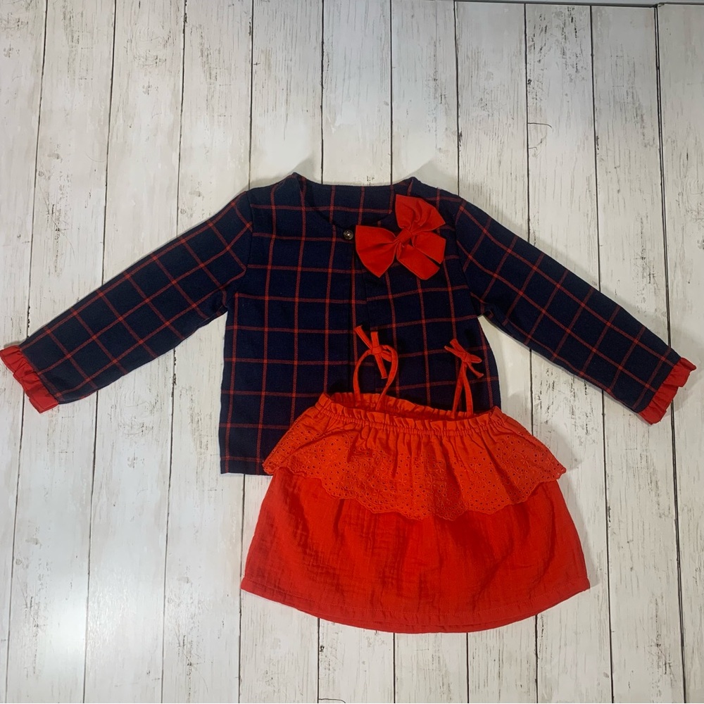 Red and Navy Plaid Jacket with‎ matching spaghetti strap tank.